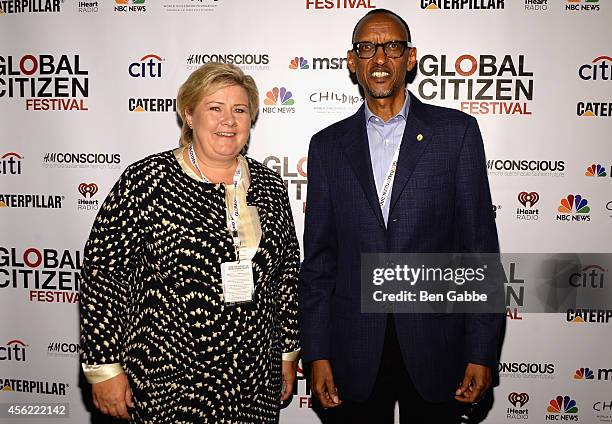 Prime minister of Norway Erna Solberg and President of Rwanda Paul Kagame attend the 2014 Global Citizen Festival to end extreme poverty by 2030 at...