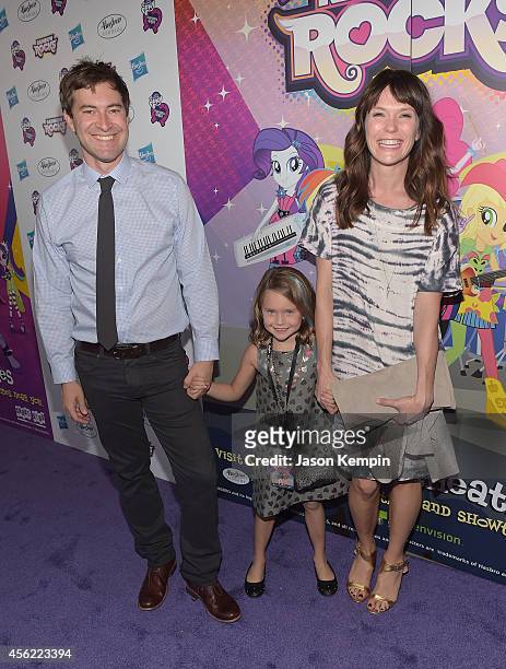 Actor Mark Duplass, daughter Ora Duplass and wife Katie Aselton attend the premiere of My Little Pony Equestria Girls Rainbow Rocks at TCL Chinese...