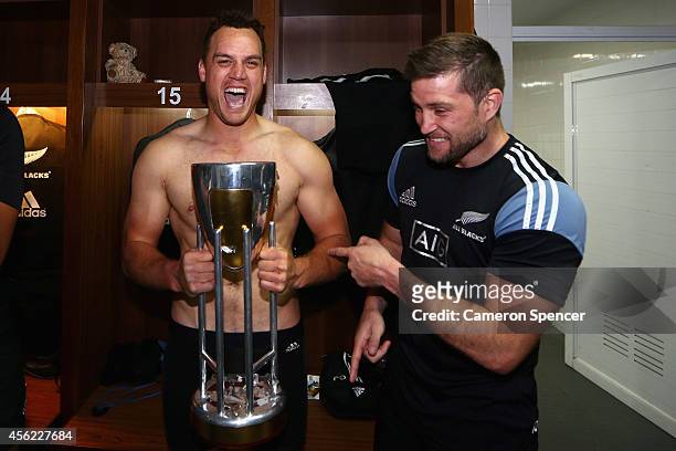 Israel Dagg and Cory Jane of the All Blacks celebrate in the All Blacks changeroom after winning The Rugby Championship match between Argentina and...