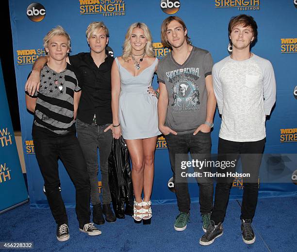 Musicians Ross Lynch, Riker Lynch, Rydel Lynch, Rocky Lynch and Ellington Ratliff of R5 attend the 2014 MDA show of strength telethon at the...