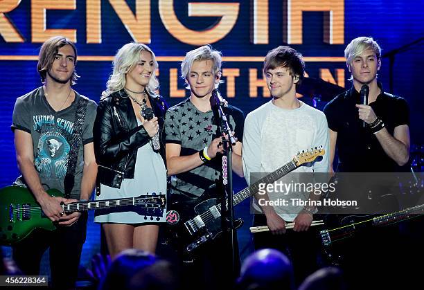 Rocky Lynch, Rydel Lynch, Ross Lynch, Ellington Ratliff and Riker Lynch of R5 perform at the 2014 MDA show of strength telethon at the Hollywood...