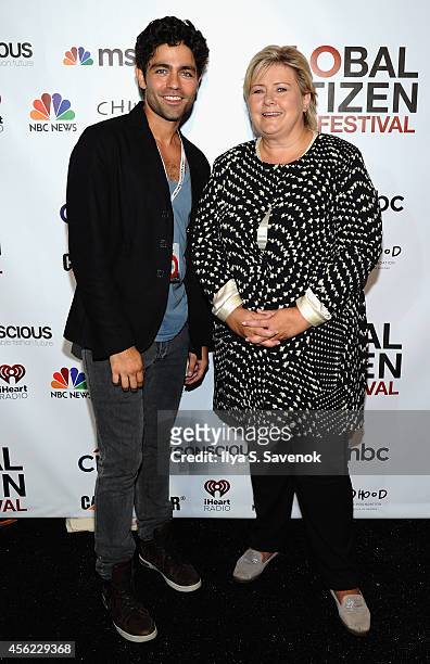 Adrian Grenier and Prime Ministers of Norway Erna Solberg attend VIP Lounge at the 2014 Global Citizen Festival to end extreme poverty by 2030 in...