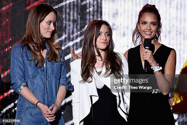 Olivia Wilde, Jordan Hewson and Jessica Alba speak onstage at the 2014 Global Citizen Festival to end extreme poverty by 2030 in Central Park on...