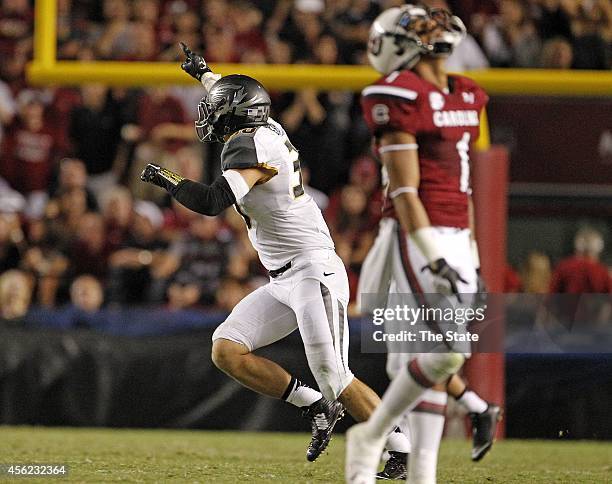 Missouri linebacker Michael Scherer celebrates after South Carolina fails to convert on a fourth down as time winds down in the fourth quarter at...