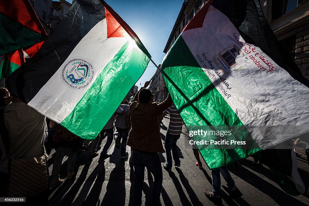 Protesters wave Palestinian flags during a demonstration  in...