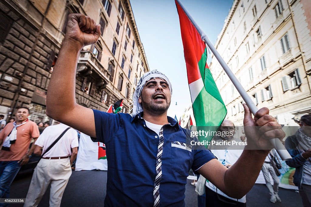A protester shouts and waves Palestinian flag during a...