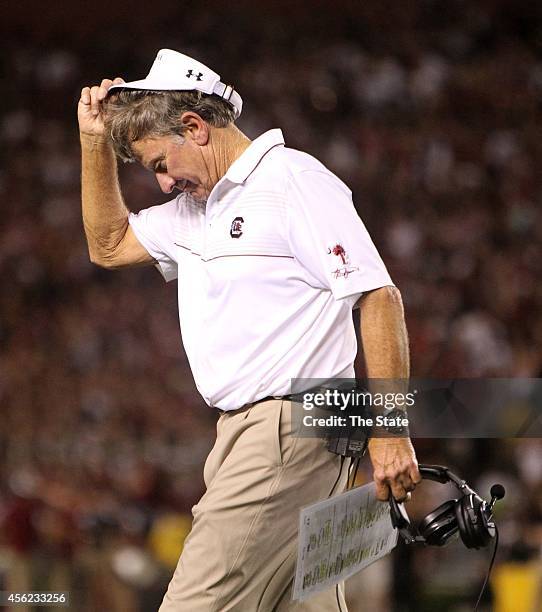 South Carolina head coach Steve Spurrier reacts to a called timeout by the defense in the fourth quarter against Missouri at Williams-Brice Stadium...