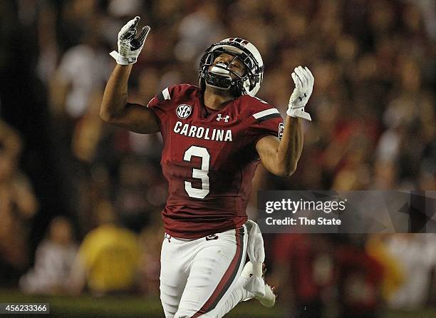 South Carolina wide receiver Nick Jones reacts to an overthrown pass by quarterback Dylan Thompson in the second half against Missouri at...