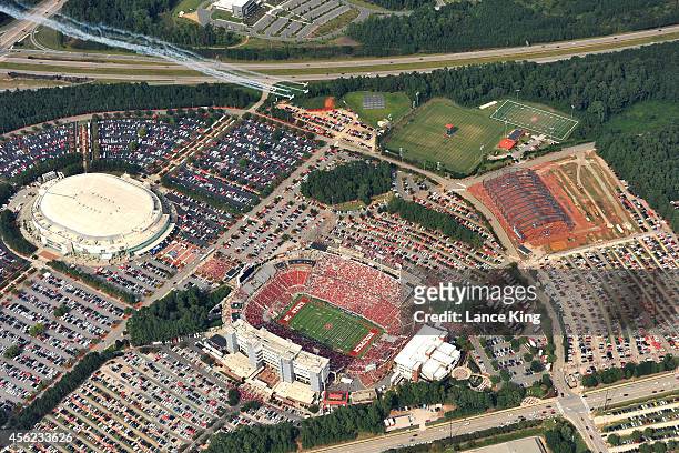 An aerial view as planes fly over Carter-Finley Stadium prior to a game between the Florida State Seminoles and the North Carolina State Wolfpack on...