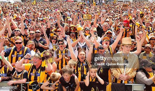 Big crowd turns up at the Hawthorn Hawks AFL team celebration at Glenferrie Oval on September 28, 2014 in Melbourne, Australia. The Hawks beat the...