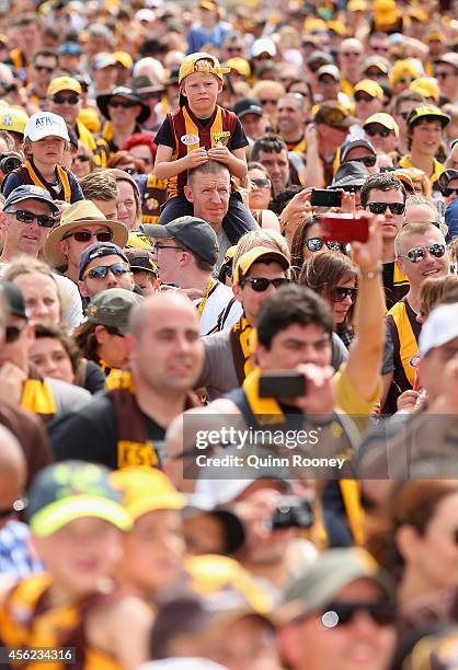 Big crowd turns up at the Hawthorn Hawks AFL team celebration at Glenferrie Oval on September 28, 2014 in Melbourne, Australia. The Hawks beat the...