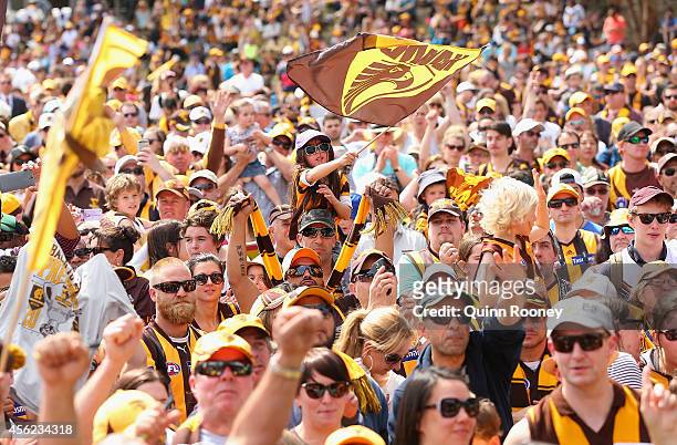 Big crowd turns up at the Hawthorn Hawks AFL team celebration at Glenferrie Oval on September 28, 2014 in Melbourne, Australia. The Hawks beat the...