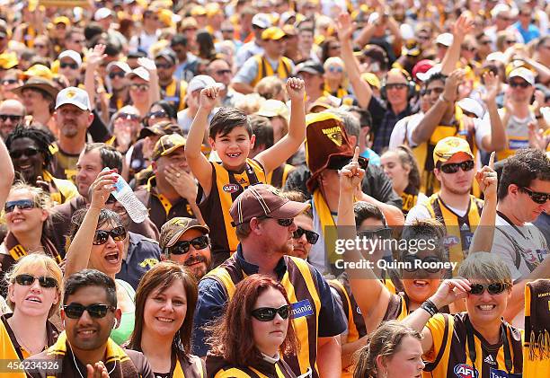 Big crowd turns up at the Hawthorn Hawks AFL team celebration at Glenferrie Oval on September 28, 2014 in Melbourne, Australia. The Hawks beat the...