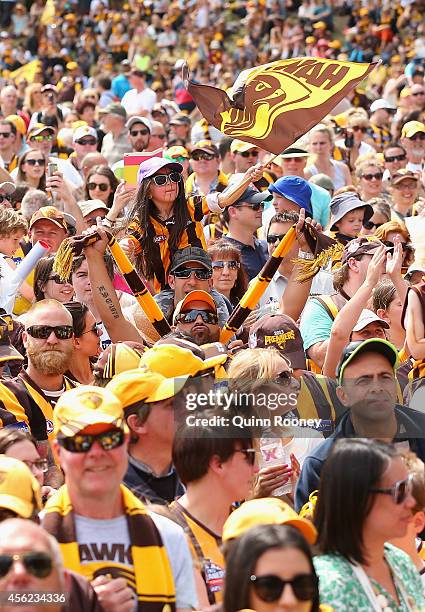 Big crowd turns up at the Hawthorn Hawks AFL team celebration at Glenferrie Oval on September 28, 2014 in Melbourne, Australia. The Hawks beat the...