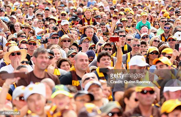 Big crowd turns up at the Hawthorn Hawks AFL team celebration at Glenferrie Oval on September 28, 2014 in Melbourne, Australia. The Hawks beat the...