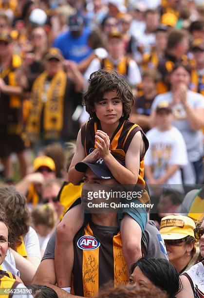 Hawks fans show their support at the Hawthorn Hawks AFL team celebration at Glenferrie Oval on September 28, 2014 in Melbourne, Australia. The Hawks...