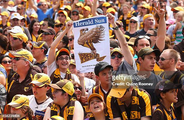 Hawks fans show their support at the Hawthorn Hawks AFL team celebration at Glenferrie Oval on September 28, 2014 in Melbourne, Australia. The Hawks...