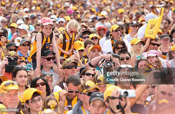 Hawks fans show their support at the Hawthorn Hawks AFL team celebration at Glenferrie Oval on September 28, 2014 in Melbourne, Australia. The Hawks...