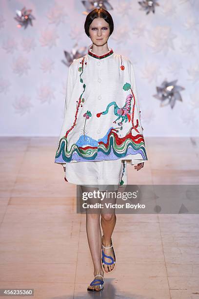 Model walks the runway during the Tsumori Chisato show as part of the Paris Fashion Week Womenswear Spring/Summer 2015 on September 27, 2014 in...