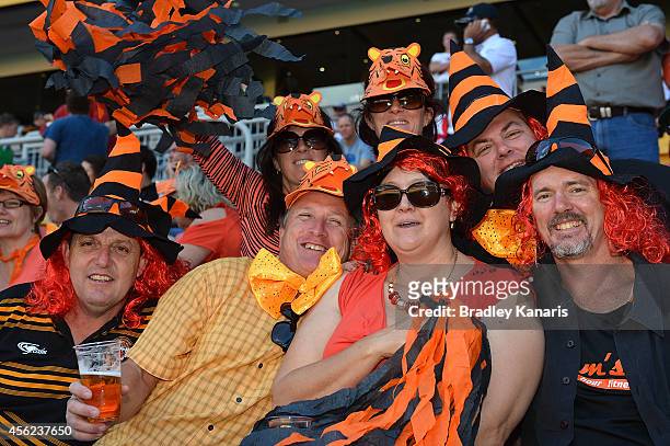 Fans show their colours before the Intrust Super Cup Grand Final match between Northern Pride and Easts Tigers at Suncorp Stadium on September 28,...
