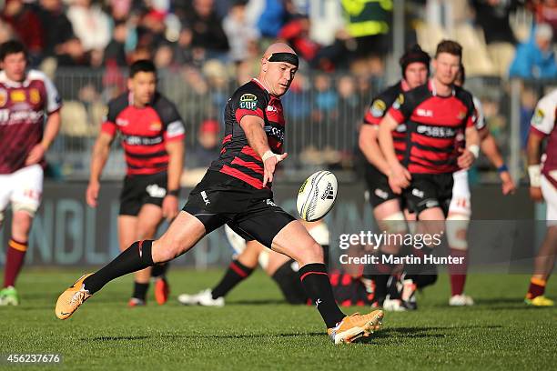 Willi Heinz of Canterbury kicks during the round seven ITM Cup match between Canterbury and Southland at AMI Stadium on September 28, 2014 in...