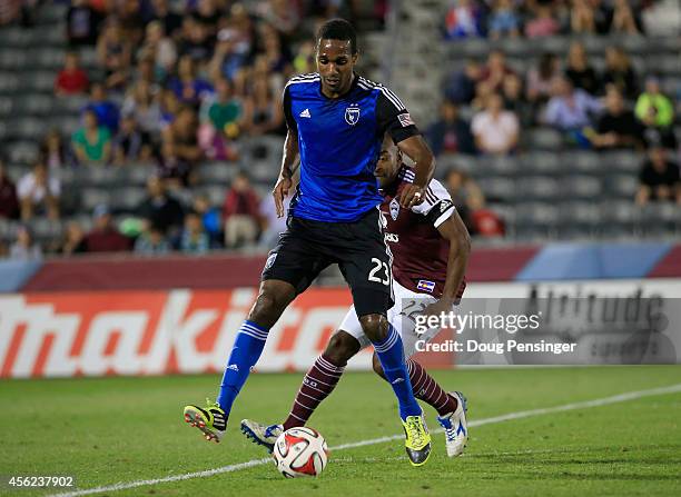 Atiba Harris of San Jose Earthquakes controls the ball against Marvell Wynne of Colorado Rapids at Dick's Sporting Goods Park on September 27, 2014...