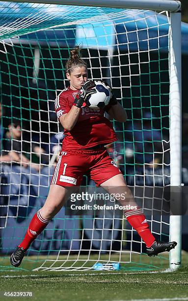 Melbourne Victory goal keeper Brianna Davey stops a shot on goal during the round three W-League match between Canberra and Melbourne Victory at...