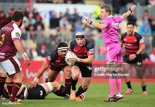 Willi Heinz of Canterbury makes a break during the round seven ITM Cup match between Canterbury and Southland at AMI Stadium on September 28, 2014 in...