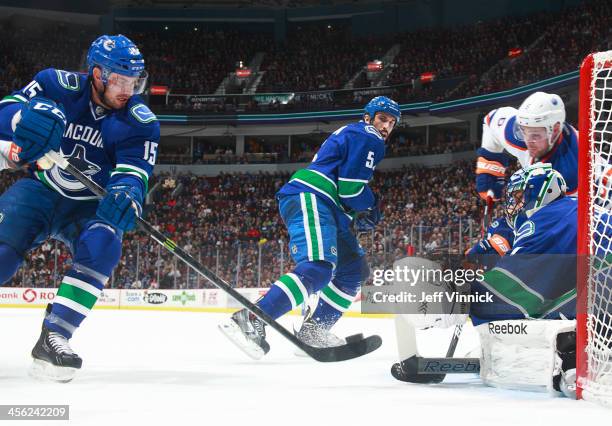 Brad Richardson of the Vancouver Canucks clears a rebound in front of Roberto Luongo during their NHL game against the the Edmonton Oilers at Rogers...