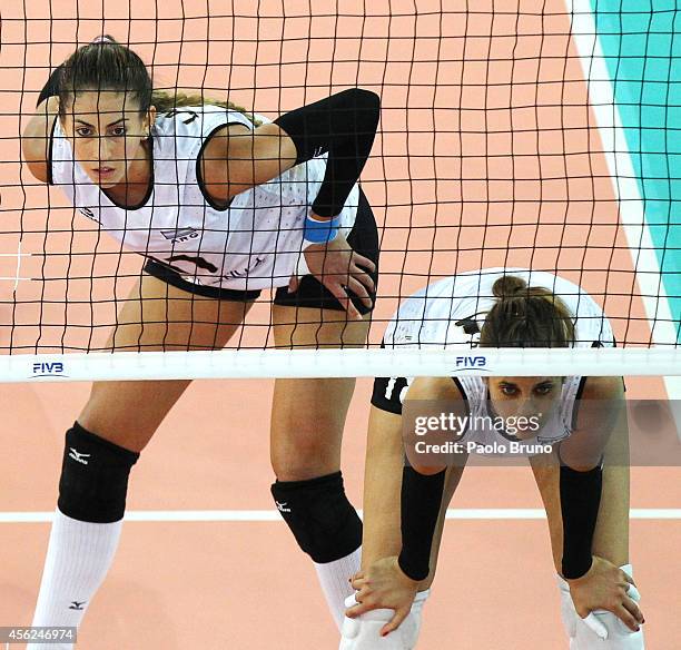 Julieta Costanza Lazcano and Yael Castiglione of Argentina look on during the FIVB Women's World Championship pool A match between Tunisia and...