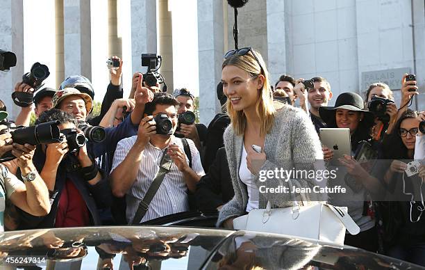 Karlie Kloss attends the Isabel Marant fashion show at Palais de Tokyo as part of the Paris Fashion Week Womenswear Spring/Summer 2015 on September...