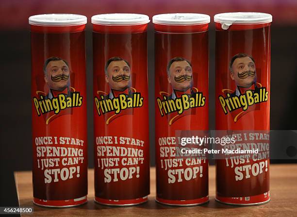 Parody crisps depicting shadow Chancellor Ed Balls are displayed at the Conservative party conference on September 28, 2014 in Birmingham, England....