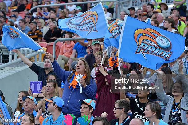 Pride fans show their colours during the Intrust Super Cup Grand Final match between Northern Pride and Easts Tigers at Suncorp Stadium on September...