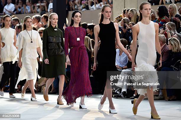 Models walk the runway during the Celine show as part of the Paris Fashion Week Womenswear Spring/Summer 2015 on September 28, 2014 in Paris, France.