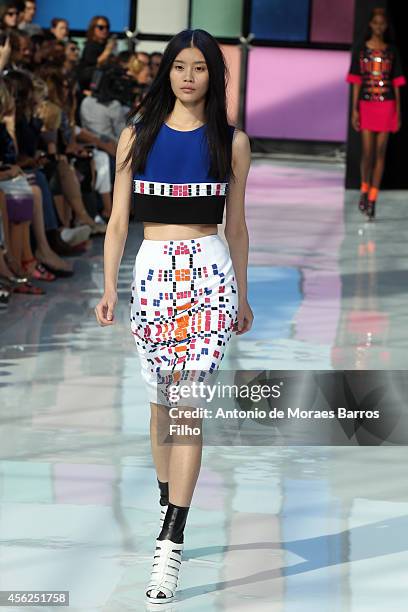 Model walks the runway during the Maxime Simoens show as part of the Paris Fashion Week Womenswear Spring/Summer 2015 on September 28, 2014 in Paris,...