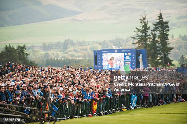 Spectators on the first fairway during the singles matches for the 40th Ryder Cup at Gleneagles, on September 28, 2014 in Auchterarder, Scotland.
