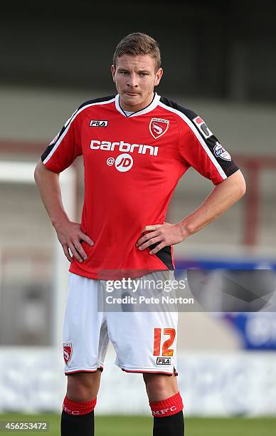 Paul Mullin of Morecambe in action during the Sky Bet League Two match between Morecambe and Northampton Town at Globe Arena on September 27, 2014 in...