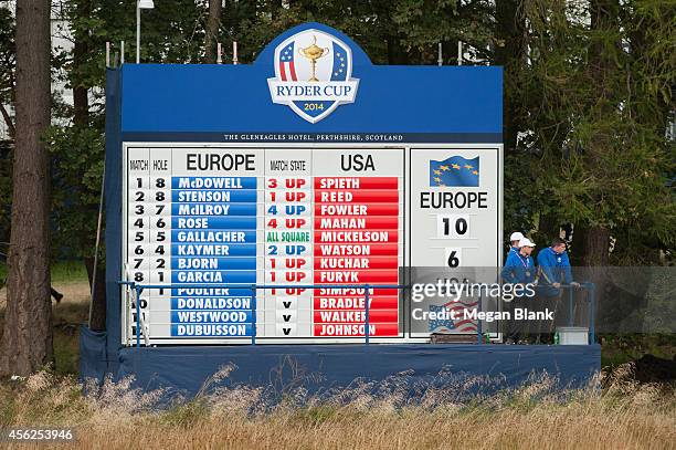 Scoreboard on the first hole during the singles matches for the 40th Ryder Cup at Gleneagles, on September 28, 2014 in Auchterarder, Scotland.