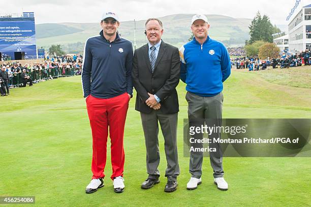 Ryder Cup Team Member Keegan Bradley of the United States and European Ryder Cup Team Member Jamie Donaldson of Wales pose for a photo on the first...