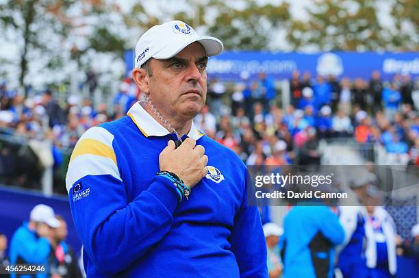 Europe team captain Paul McGinley watches from the 1st tee during the Singles Matches of the 2014 Ryder Cup on the PGA Centenary course at the...