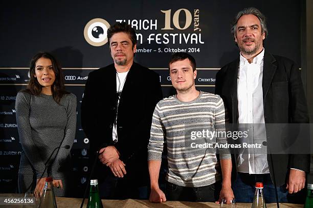 Actors Claudia Traisac, Benicio del Toro, Josh Hutcherson and director Andrea Di Stefano attend the 'Escobar: Paradise Lost' Press Conference during...