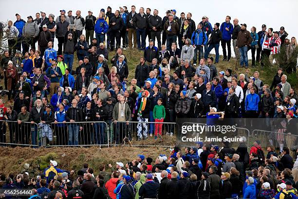 Sergio Garcia of Europe plays his second shot on the 8th hole during the Singles Matches of the 2014 Ryder Cup on the PGA Centenary course at the...