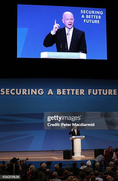 Leader of the House of Commons, William Hague, addresses delegates at the Conservative party conference for the last time in his political career on...