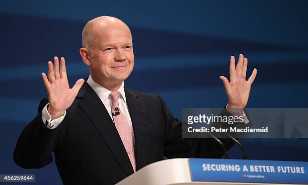Leader of the House of Commons, William Hague, addresses delegates at the Conservative party conference for the last time in his political career on...