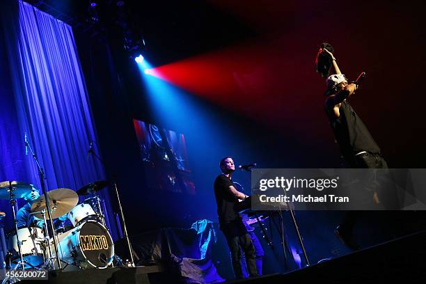 Malcolm Kelley and Tony Oller of MKTO perform onstage during the DEMI World Tour held at Staples Center on September 27, 2014 in Los Angeles,...