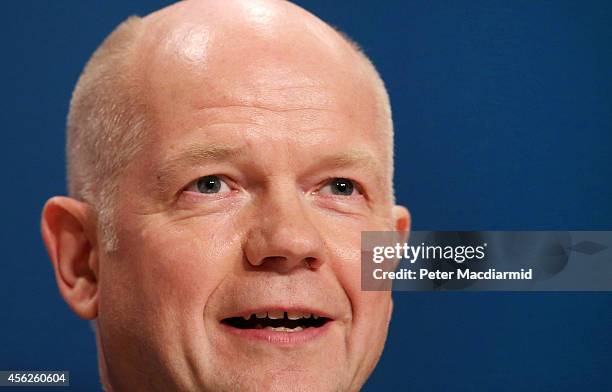 Leader of the House of Commons, William Hague, addresses delegates at the Conservative party conference for the last time in his political career on...