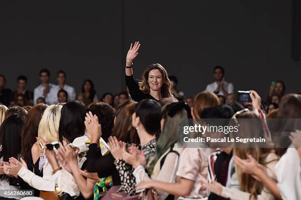 Fashion designer Clare Waight Keller acknowledges the applause of audience following the Chloe show as part of the Paris Fashion Week Womenswear...