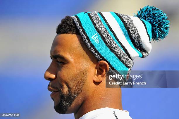 Free safety Thomas DeCoud of the Carolina Panthers stands on the field before a game against the Baltimore Ravens at M&T Bank Stadium on September...