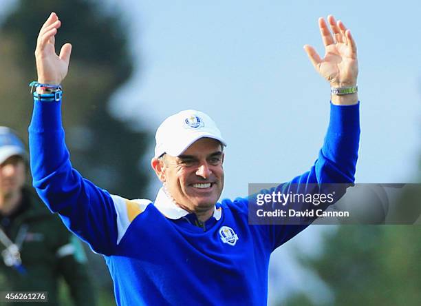 Europe team captain Paul McGinley celebrates as Europe won the Ryder Cup on the 15th hole with victory by Jamie Donaldson of Europe against Keegan...