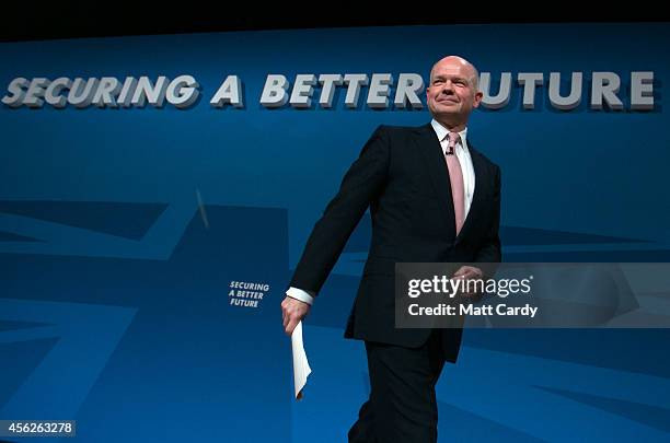 Leader of the House of Commons, William Hague, addresses delegates at the Conservative party conference for the last time in his political career on...